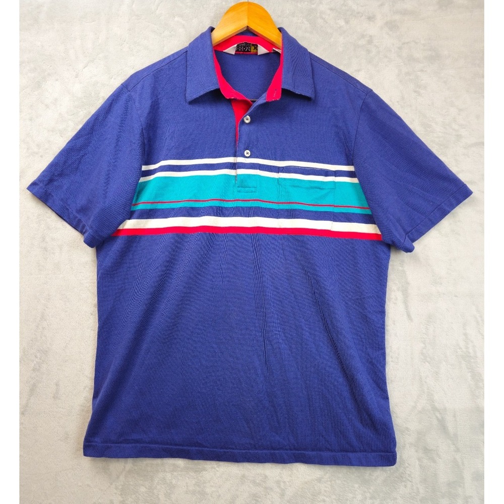 Vintage RHM Classic Polo Shirt Men's Large Blue Multicolor Striped Thin Golf